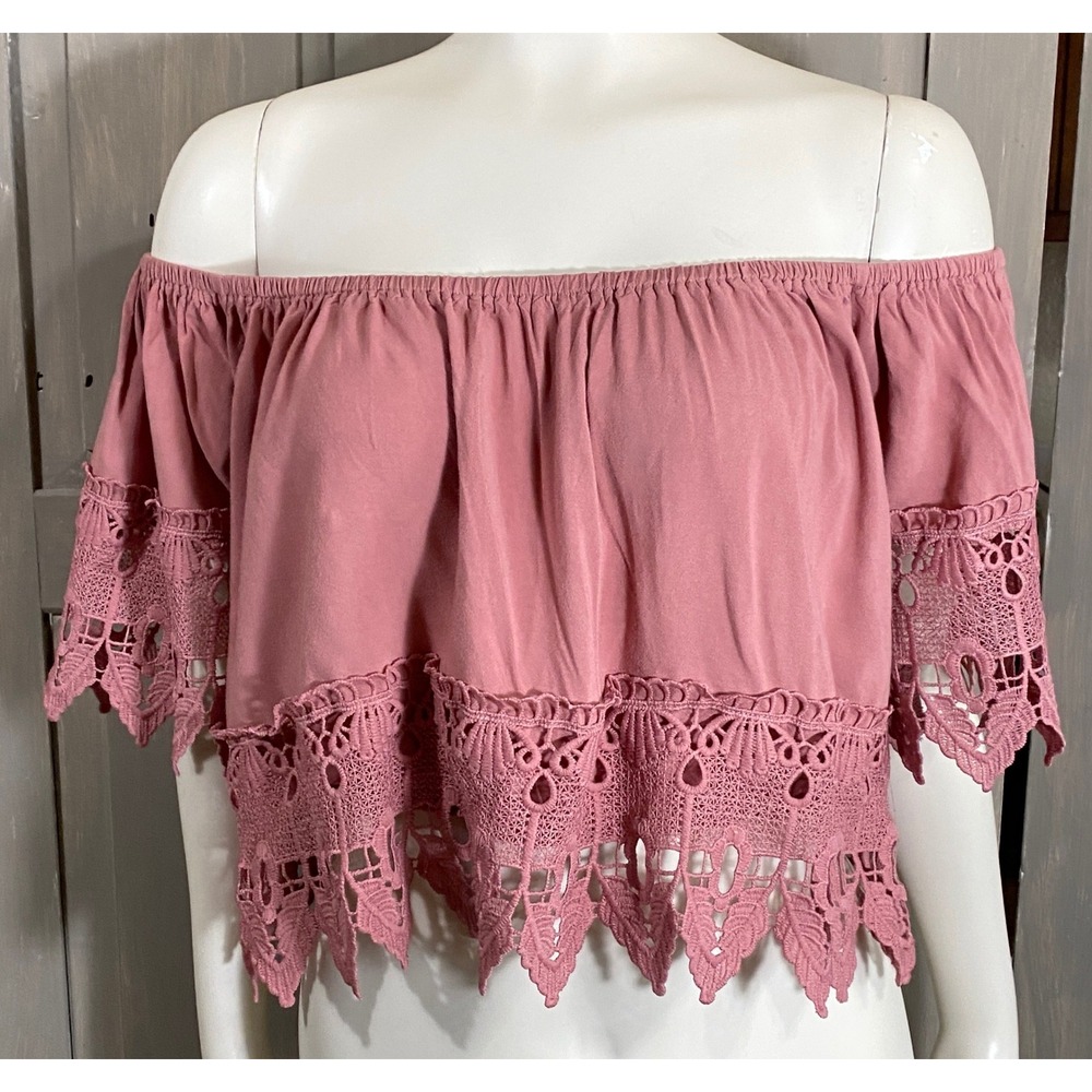 Iris Womens Off the Shoulder Crochet Lace Trim Crop Top Rose Pink L Boho Cottage